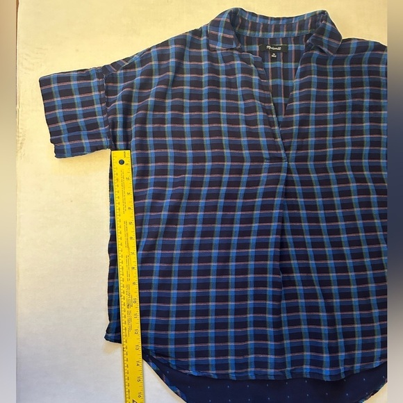 Madewell women’s short sleeve blue plaid shirt w/banded sleeves Sz-XS. Y8 - Picture 7 of 8